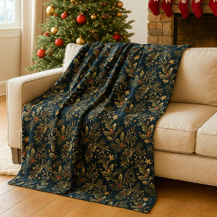 Eleganter botanischer Stechpalmen-Mistelzweig-Gold Fleecedecke