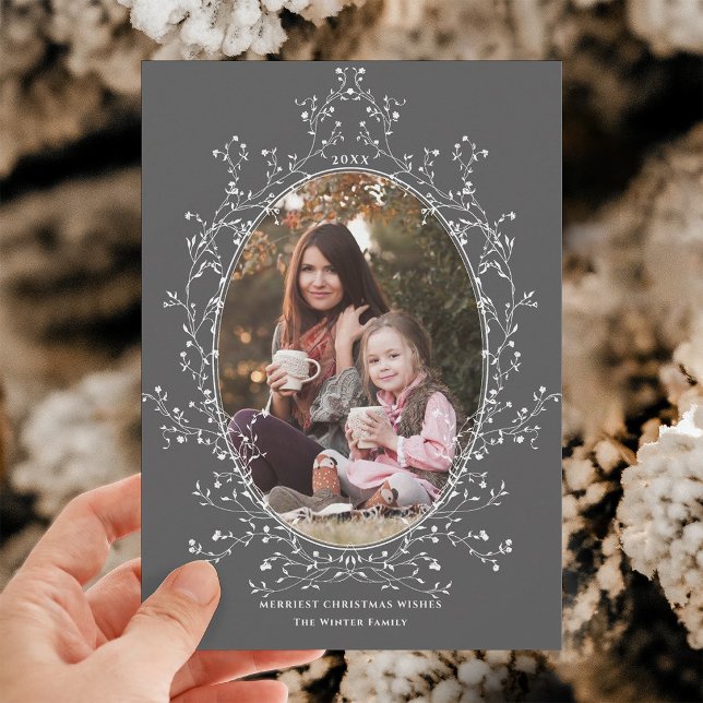 Eleganter botanischer Weihnachtskranz-Foto Grau Feiertagskarte (Von Creator hochgeladen)