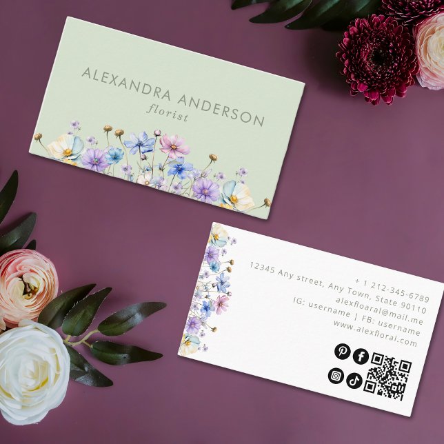 Eleganter botanischer Wildblumen QR-Code Visitenkarte (Von Creator hochgeladen)