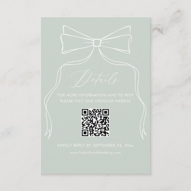 Eleganter Bow Sage Green Wedding Details Qr Code Begleitkarte (Vorderseite)