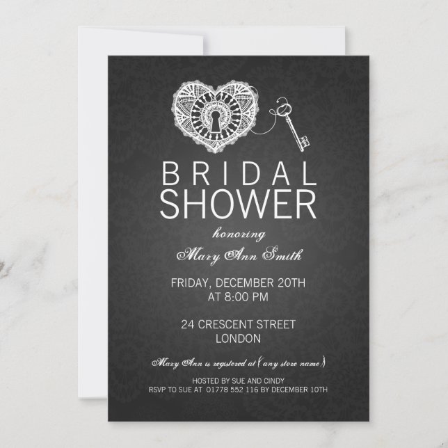 Eleganter Brautparty-Key für mein Herz Schwarz Einladung (Vorderseite)