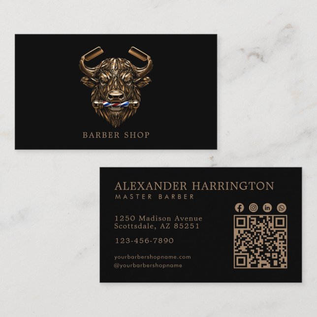 Eleganter Bronze Büffel Friseursalon QR-Code Visitenkarte (Vorne/Hinten)