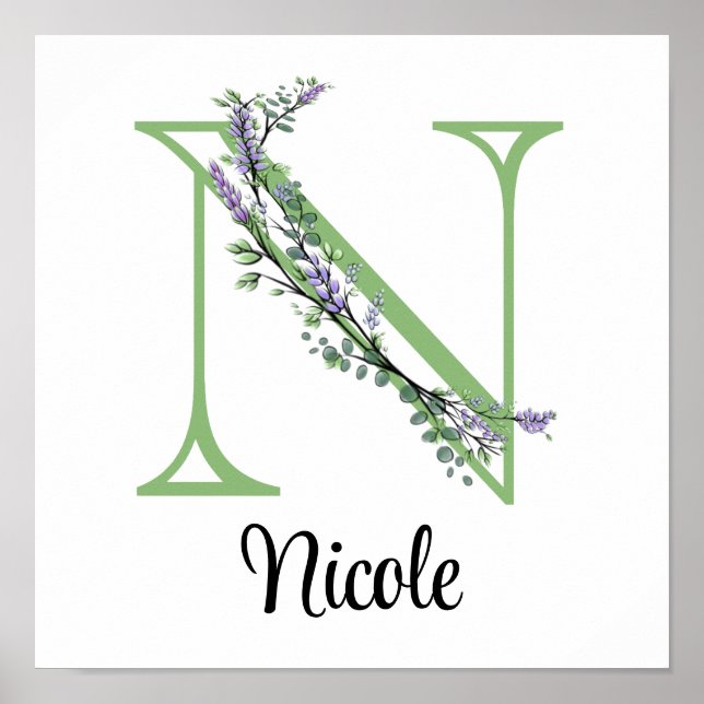 Eleganter Buchstabe N Lavender Eucalyptus Poster (Vorne)