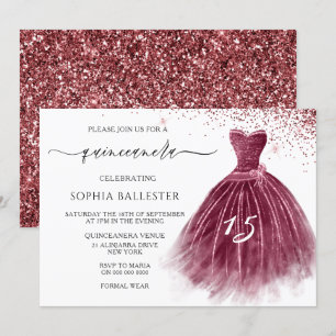 Eleganter Burgund Glitzer Gown Quinceanera Party Einladung
