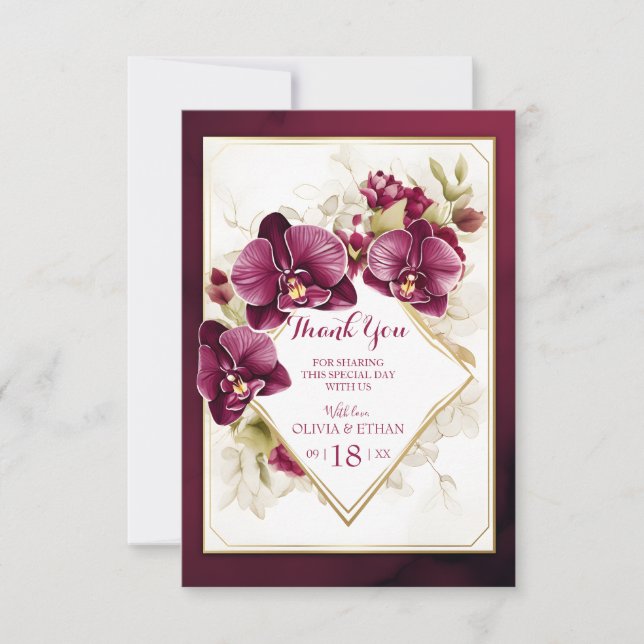 Eleganter Burgund Orchid Blooms Wedding Gold Frame Dankeskarte (Vorderseite)
