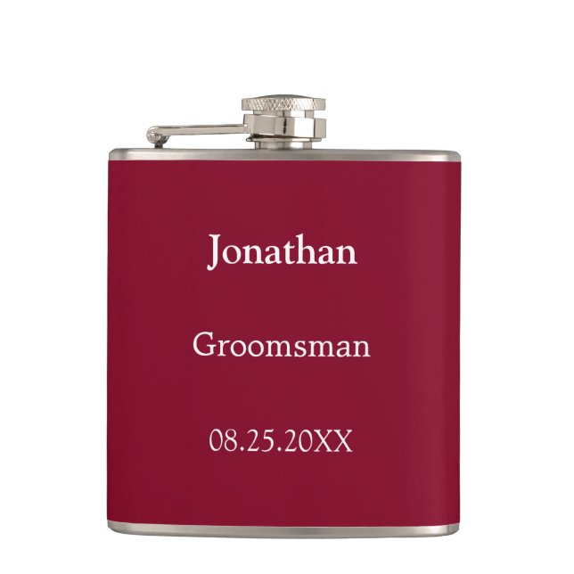 Eleganter Burgund Personalisierter Trauzeuge Flask Flachmann (Vorderseite)