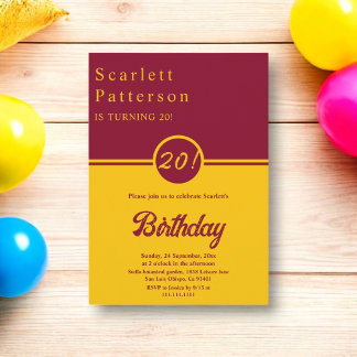 Eleganter Burgund und Gold Trendy 20. Geburtstag Einladung