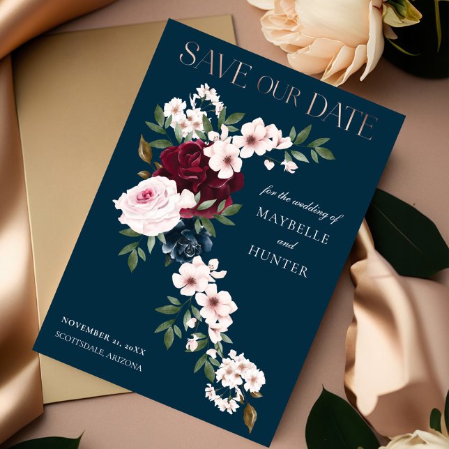 Eleganter Burgund Wasserfarbener Wasserfall Save The Date (Elegant Burgundy Navy Watercolor Floral Waterfall Save The Date)