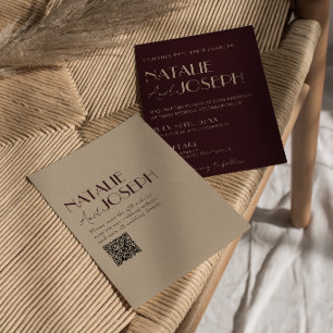 Eleganter Burgunder-Gold-QR-Code Hochzeit im Stil Einladung