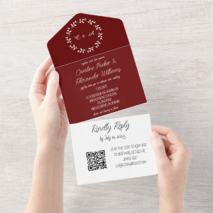 Eleganter burgunder Schriftart moderner RSVP QR-Co All In One Einladung