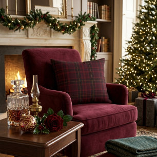 Eleganter Burgunder-Tartan Dekokissen