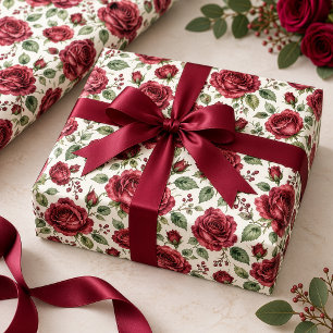 Eleganter burgunderfarbener Aquarell-Rosengarten Geschenkpapier
