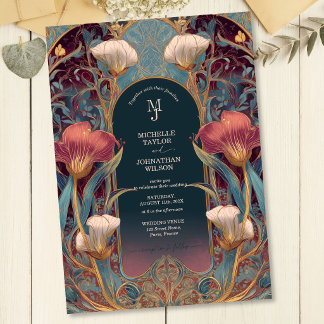 Eleganter burgunderroter Vintage-Blumen-Art Nouvea Einladung