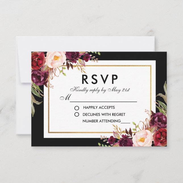 Eleganter Burgundy Bloral Black Gold Wedding RSVP (Vorderseite)