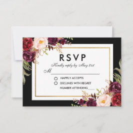 Eleganter Burgundy Bloral Black Gold Wedding RSVP Karte