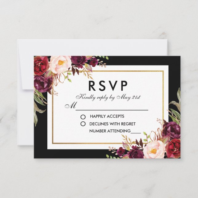 Eleganter Burgundy Bloral Black Gold Wedding RSVP Karte (Vorderseite)