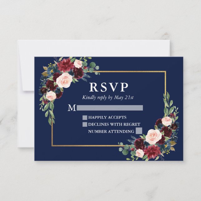 Eleganter Burgundy Blues Wedding Blue Gold Frame RSVP Karte (Vorderseite)