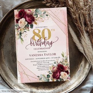 Eleganter Burgundy Blush Gold Rose 80. Geburtstag Einladung