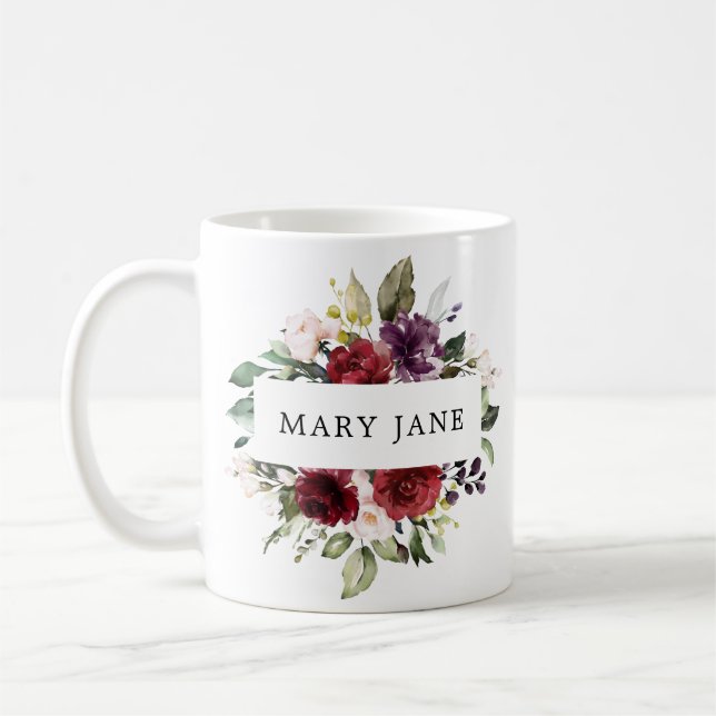 Eleganter Burgundy Blush Wasserfarbenflorname Kaffeetasse (Links)