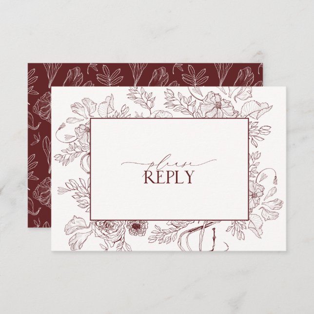 Eleganter Burgundy Floral Line Art Wedding QR Code RSVP Karte (Vorne/Hinten)