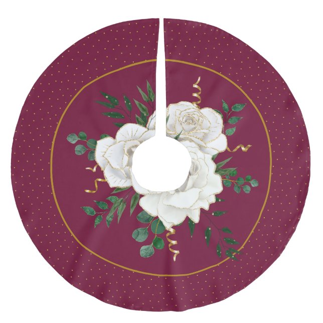 Eleganter Burgundy Glam Vintager weißer Rosenurlau Polyester Weihnachtsbaumdecke (Vorderseite)