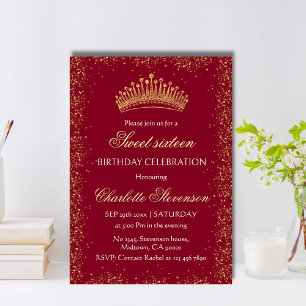 Eleganter burgundy Glitzer Gold Crown Sweet 16 Tag Einladung