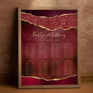 Eleganter Burgundy & Gold Agate Hochzeitsplan Poster