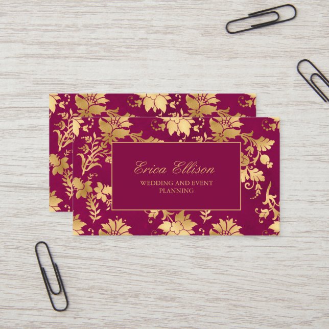 Eleganter Burgundy Gold Vintage Hochzeitsplaner Visitenkarte (Vorderseite/Rückseite Beispiel)