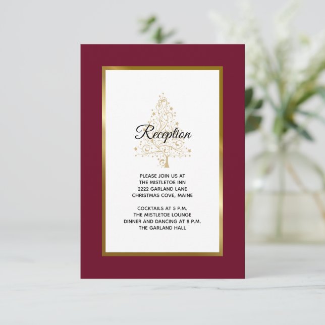 Eleganter Burgundy Gold Winter Wedding Empfang Begleitkarte (Stehend Vorderseite)