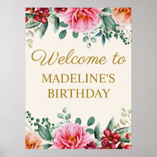 Eleganter Burgundy Pink Floral Geburtstag Willkomm Poster