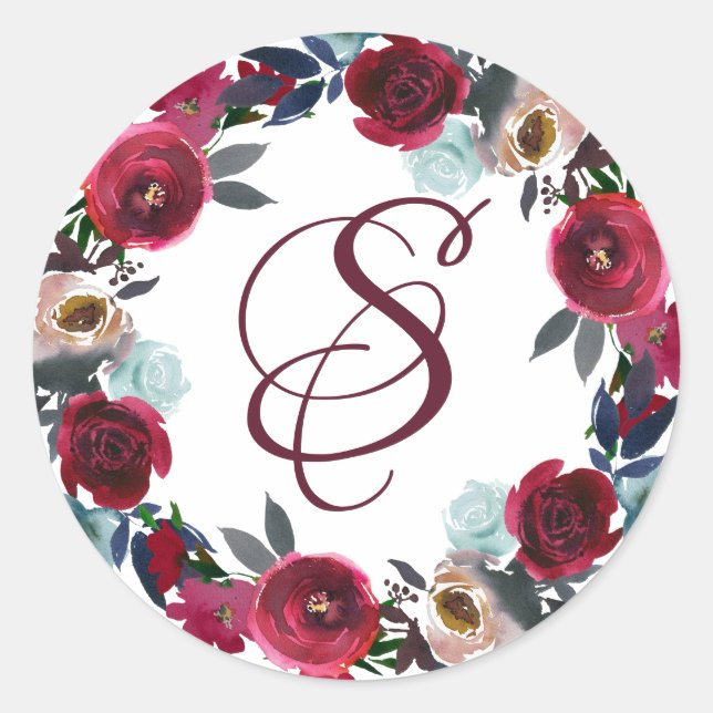 Eleganter Burgundy Red Floral Monogram Umschlag Au Runder Aufkleber (Vorderseite)