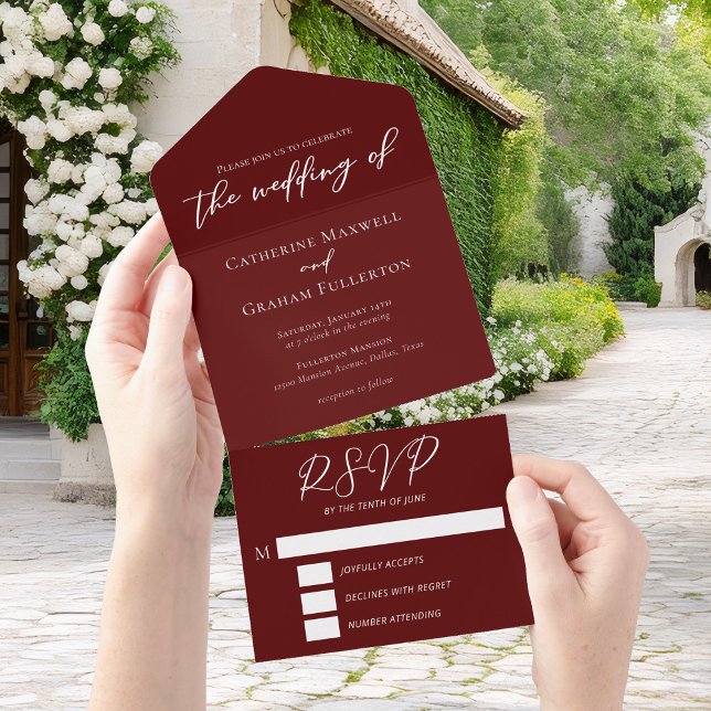 Eleganter Burgundy Typografy Abend Wedding All In One Einladung (Von Creator hochgeladen)
