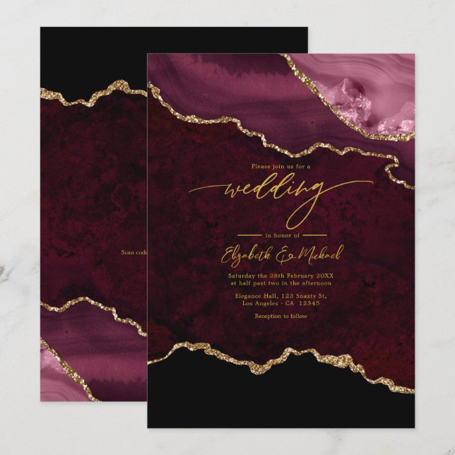 Eleganter Burgundy und Gold Agate Wedding QR Code Einladung (Vorne/Hinten)