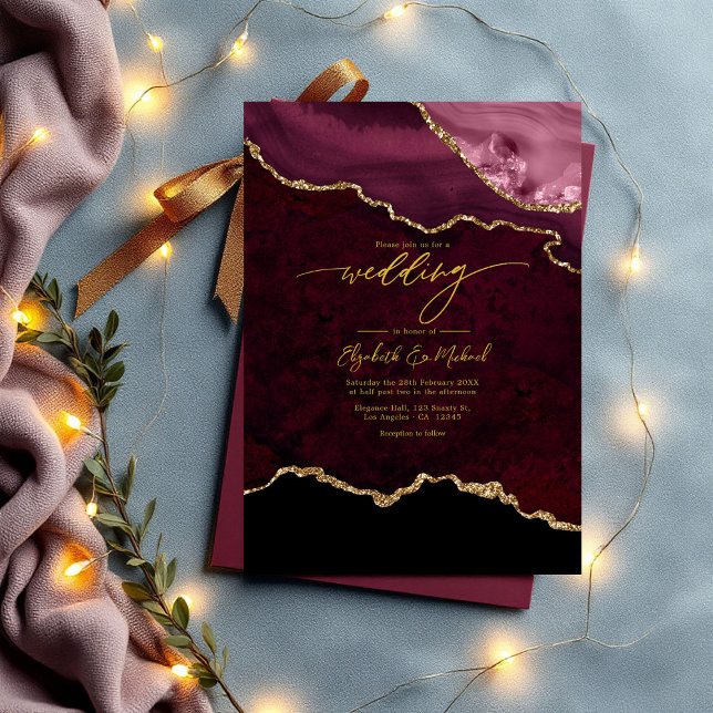 Eleganter Burgundy und Gold Agate Wedding QR Code Einladung (Elegant Burgundy and Gold Agate Wedding QR Code Invitation)