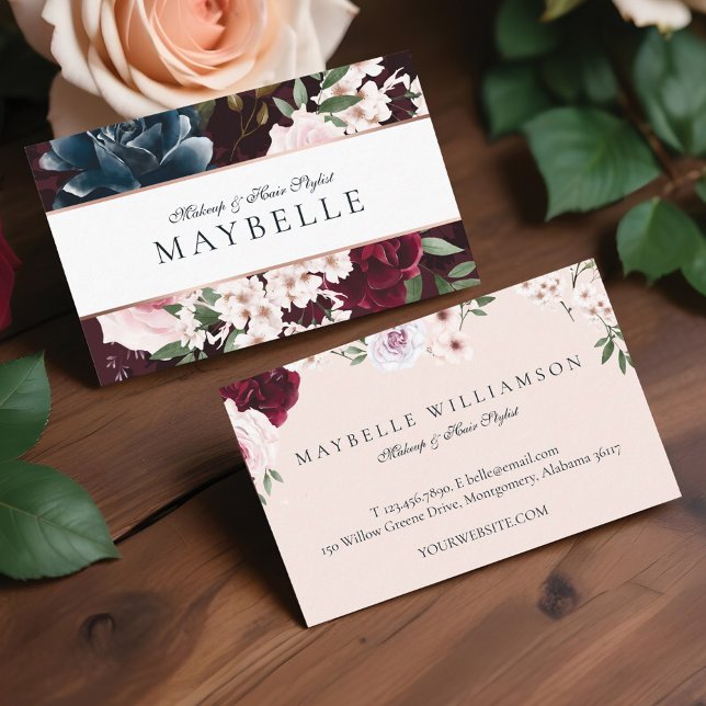 Eleganter Burgundy- und Navy-Aquarellrahmen Visitenkarte (Elegant Burgundy & Navy Watercolor Floral Frame Business Card)