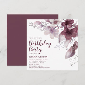 Eleganter Burgundy Watercolor Floral Geburtstag Einladung