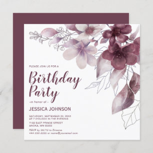 Eleganter Burgundy Watercolor Floral Geburtstag Einladung