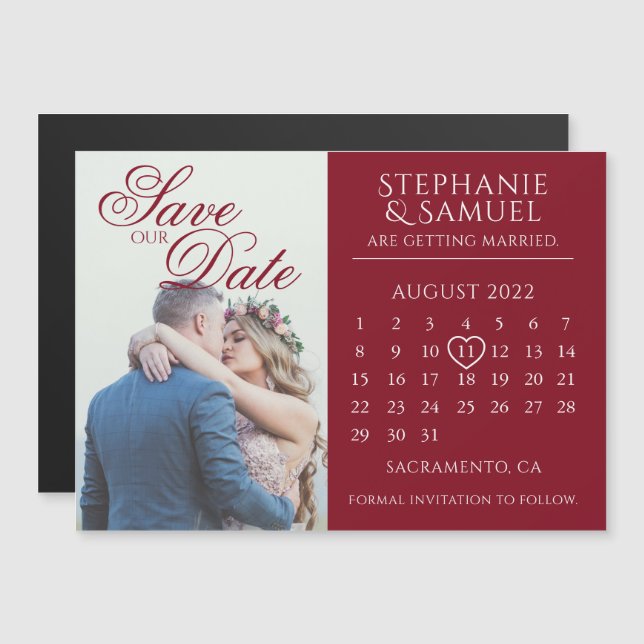 Eleganter Burgundy Wedding Calendar Save the Date Magneteinladung (Vorne/Hinten)