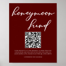 Eleganter Burgundy Wedding Honeymoon Fund QR Code Poster