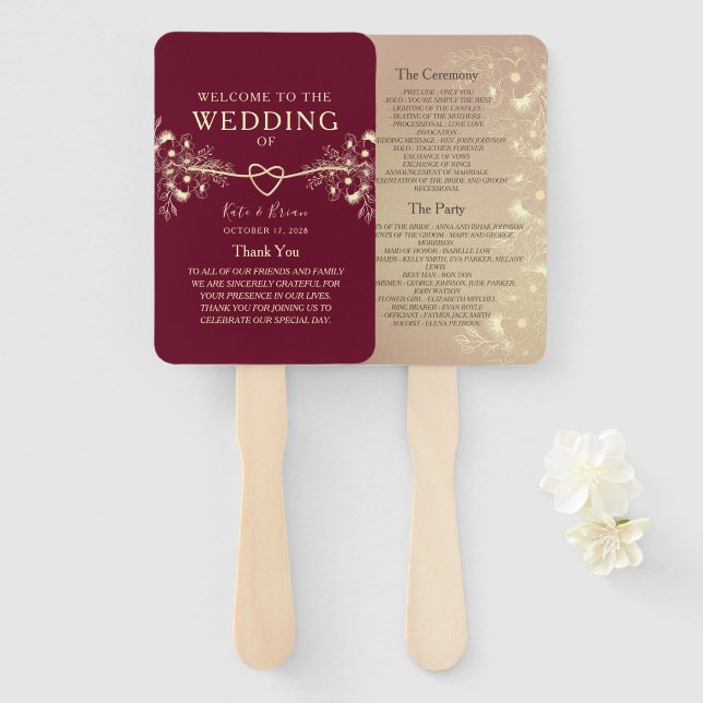 Eleganter Burgundy Wedding Program Hand Fan Fächer (Vorne und Hinten)