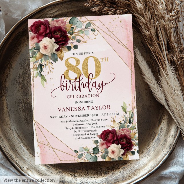 Eleganter Burgundy White Gold Rose 80. Geburtstag Einladung (Elegant Burgundy White Gold Roses 80th Birthday Invitation)