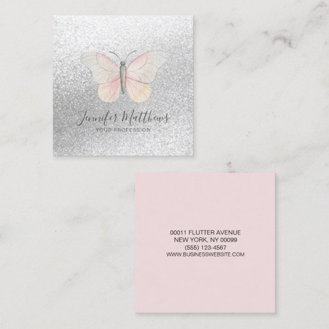Eleganter Butterfly Glitzer Blush Quadratische Visitenkarte (Vorne/Hinten)
