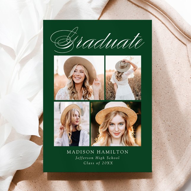Eleganter Calligrafy Green 4 Foto Abschluss Ankündigung (Von Creator hochgeladen)