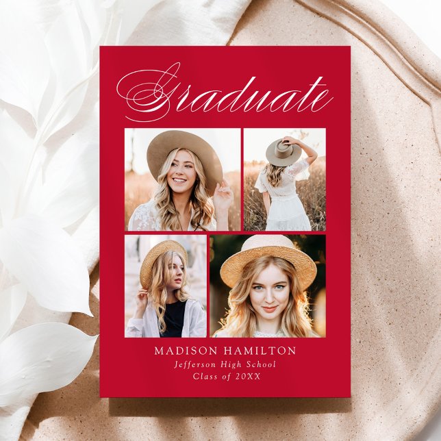 Eleganter Calligrafy Red 4 Foto Abschluss Ankündigung (Von Creator hochgeladen)