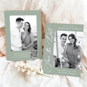 Eleganter Calligrafy Sage Green Foto QR Code Save The Date