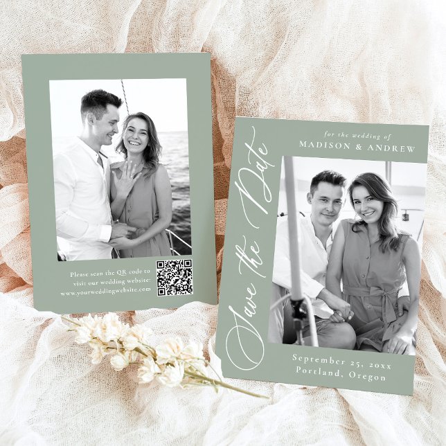 Eleganter Calligrafy Sage Green Foto QR Code Save The Date (Von Creator hochgeladen)