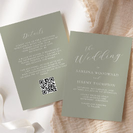Eleganter Calligrafy Sage Green QR Code Hochzeit Einladung