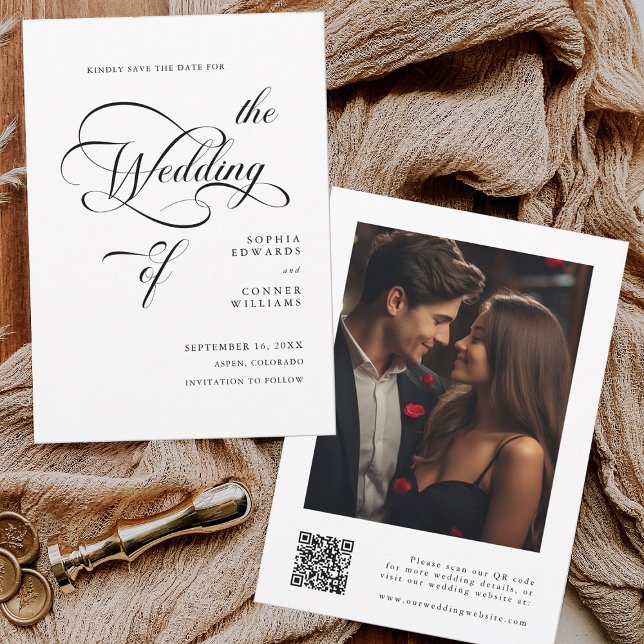 Eleganter Calligrafy Wedding QR Code Save The Date (Front & Back)