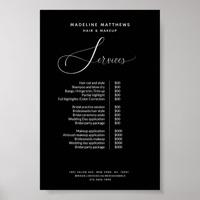 Eleganter Calligraphy Black Salon Preis List Servi Poster (Vorne)