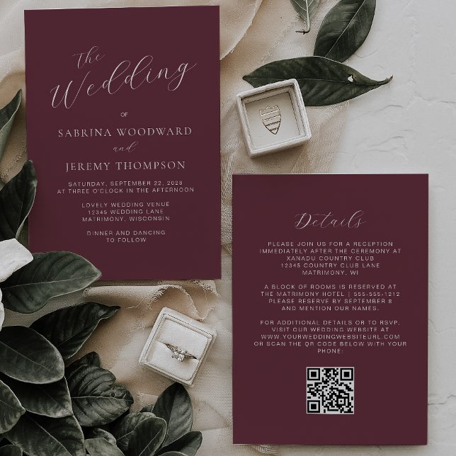 Eleganter Calligraphy Burgundy QR Code Wedding Einladung (Von Creator hochgeladen)